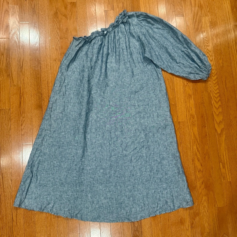 LAKE Milly One Shoulder Puff Sleeve Linen Midi Dress Womens Large Blue Coastal - Picture 2 of 10